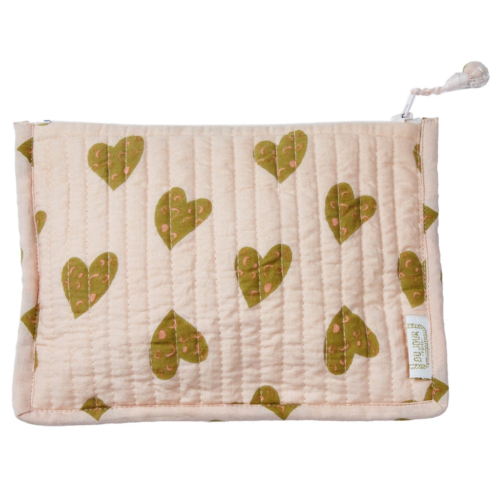 Pouch with printed hearts, zip and pompom