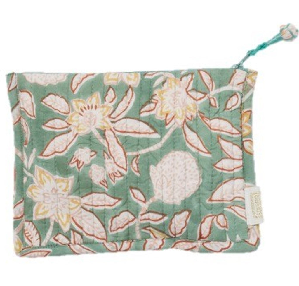 Pouch with printed flower, zip and pompom