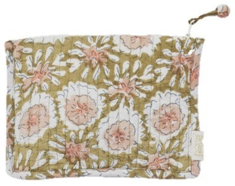 Pouch with printed fllowers, zip and pompom