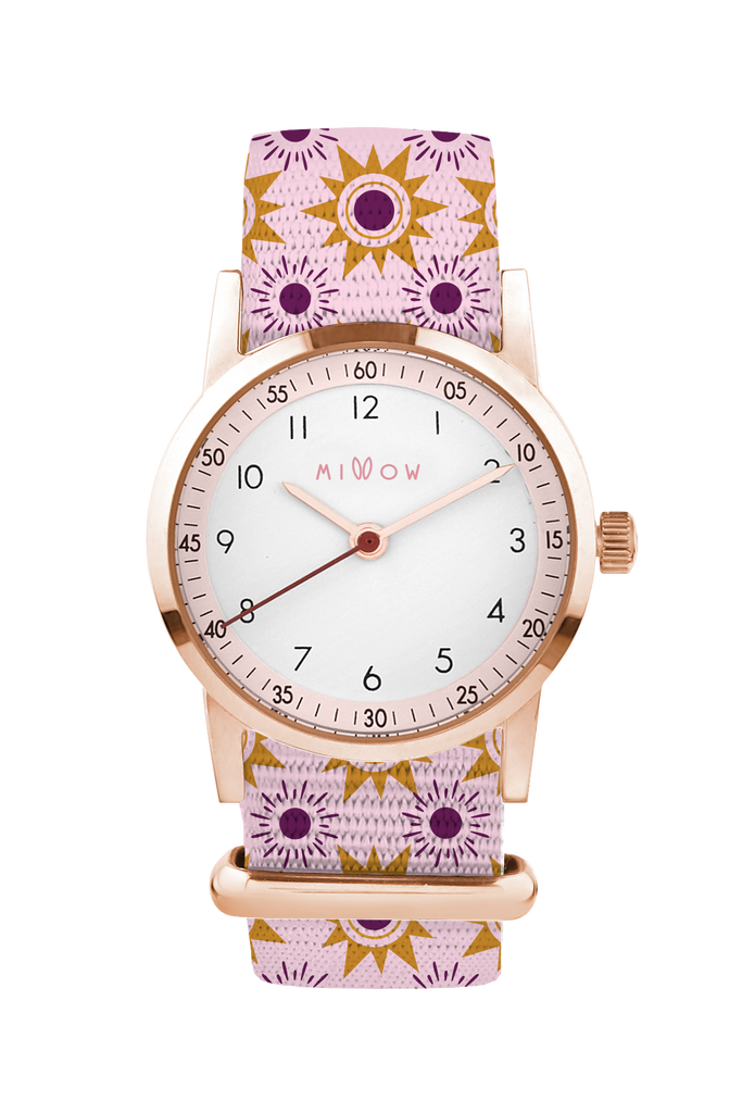 Waterproof watch for kids from a French brand. Case in stainless steel and rose gold color. 